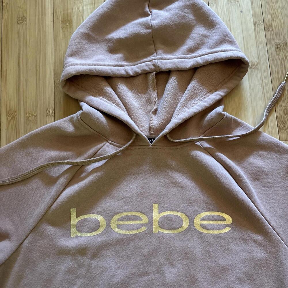 BEBE Women’s Pink Metallic Logo Raglan Sleeve Fleece Hoodie Sweatshirt Size L - Picture 2 of 6
